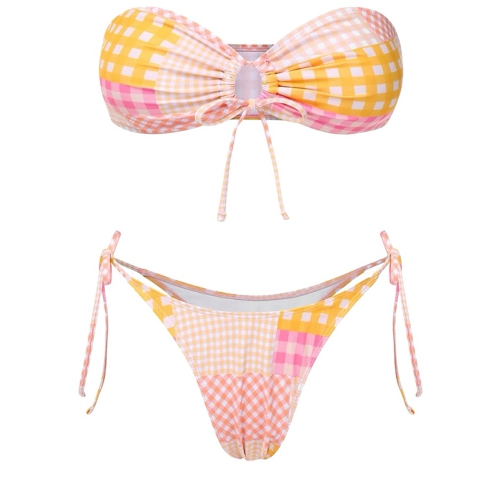 Retro Gingham Plaid Bikini Sherbet Pink Orange White High Rise Bandeau L